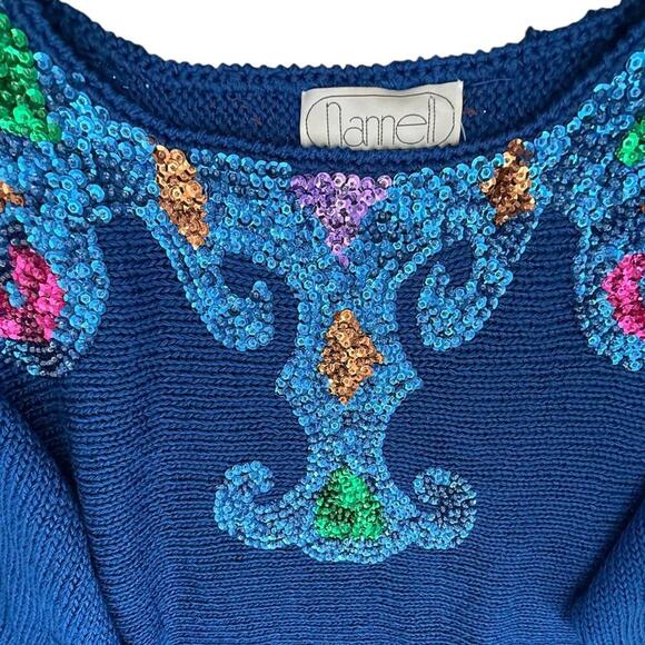 Nannell Hand-Knit Sequin Scroll Sweater – Jewel Tone Embellishment – Size L - Picture 6 of 8